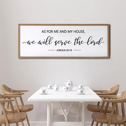 As For Me And My House We Will Serve The Lord Framed Wall Art, 32''×12'' Horizontal Positive Religious Rustic Bible Verse, Vintage Holy Catholic Scripture Decor for Christian God Jesus Christ Prayer