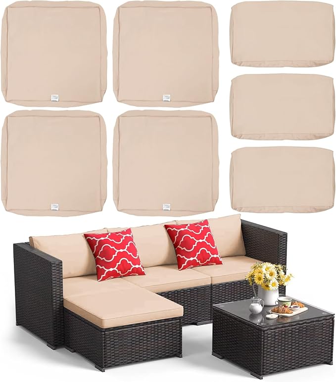 ClawsCover 7Pack Outdoor Patio Seat and Back Cushions Replacement Covers Fit for 3/5 Pieces 4-Seater Wicker Rattan Furniture Conversation Set Sectional Couch,Light Khaki-Large (Include Cover Only)