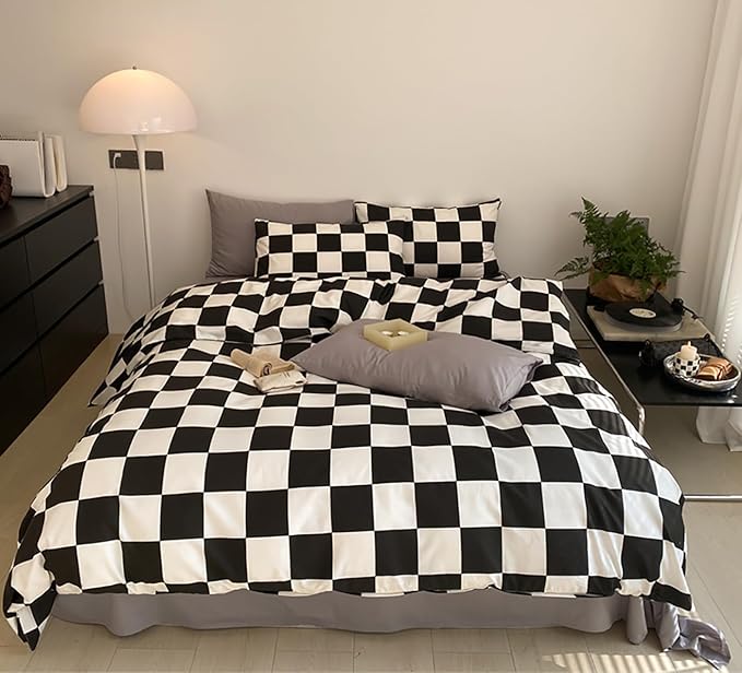 Black White Grid Comforter Queen Black Plaid Bedding Set Women Black and White Checkered Bed Comforter Set Breathable Blanket Set Men Durable Bedding Comforter Set