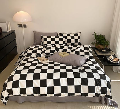 Black White Grid Comforter Set King Black Plaid Bedding Set Women Black and White Checkered Bed Comforter Set Breathable Blanket Set Men Durable Bedding Comforter Set