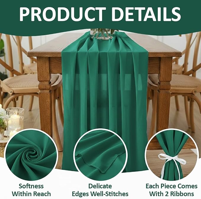 Pack of 12 | Emerlad | 14ft Chiffon Table Runner 29x170 Inches Long Romantic Rustic Sheer Gauze Runner for Wedding Bridal Shower Birthday Banquets Engagement Spring Easter Boho Decorations