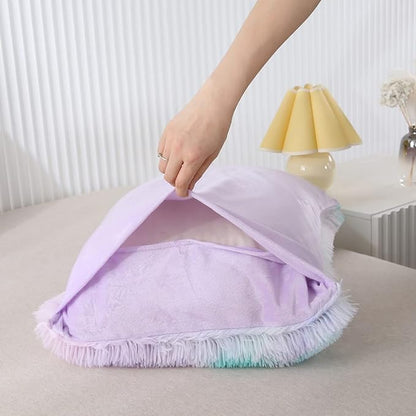 WINLIFE Shaggy Bedding Comforter Set Faux Fur Flannel Furry Comforter Microfiber Plush Comforter Sets Pastel Gradient Ombre Tie Dye MultiColor Bedding for Girls Adults (3Pcs, Full, Teal Purple)