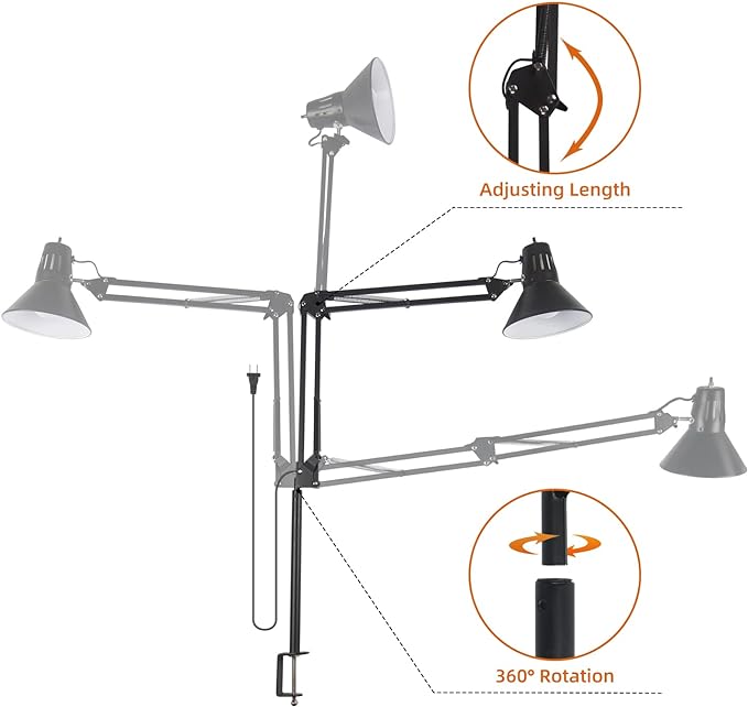 Desk Lamp for Home Office Eye-Caring Metal Extra Long Swing Arm Stable Clamp Flexible Gooseneck A19 E26 Bulb included as Table Working Reading Aesthetic Computer Versatile Light
