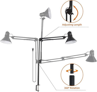 Desk Lamp for Home Office Eye-Caring Metal Extra Long Swing Arm Stable Clamp Flexible Gooseneck A19 E26 Bulb included as Table Working Reading Aesthetic Computer Versatile Light