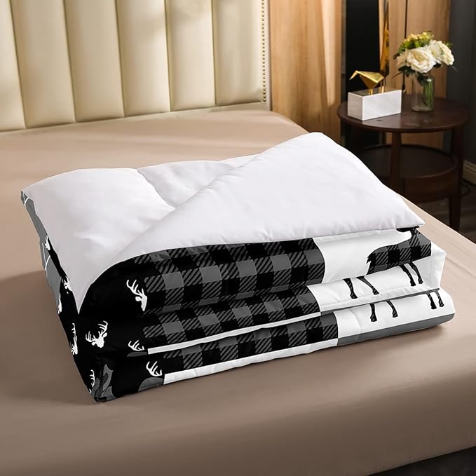 Camo Deer Comforter Set King Size,Western Rustic Farmhouse Xmas Bedding Set,Kids Boys Girls Room Decor,Antlers Arrows Geometric Plaids Comforter,Black Grey Retro Duvet Insert,3pcs,2 Pillowcases