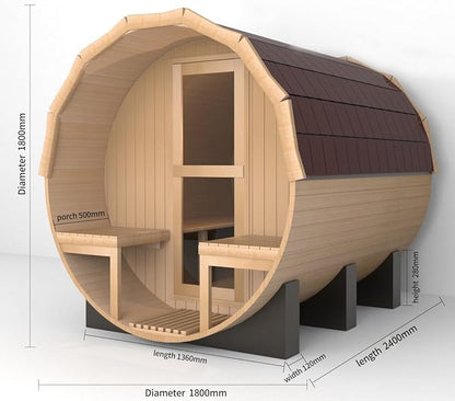 Outdoor Barrel Steam Sauna with Porch, Canadian Red Cedar Sauna 6 Person, 6KW ETL Toule Heater, 220V, Waterproofing System with Saunas Stones, Asphalt Shingles, Rubber Base(0-195℉)