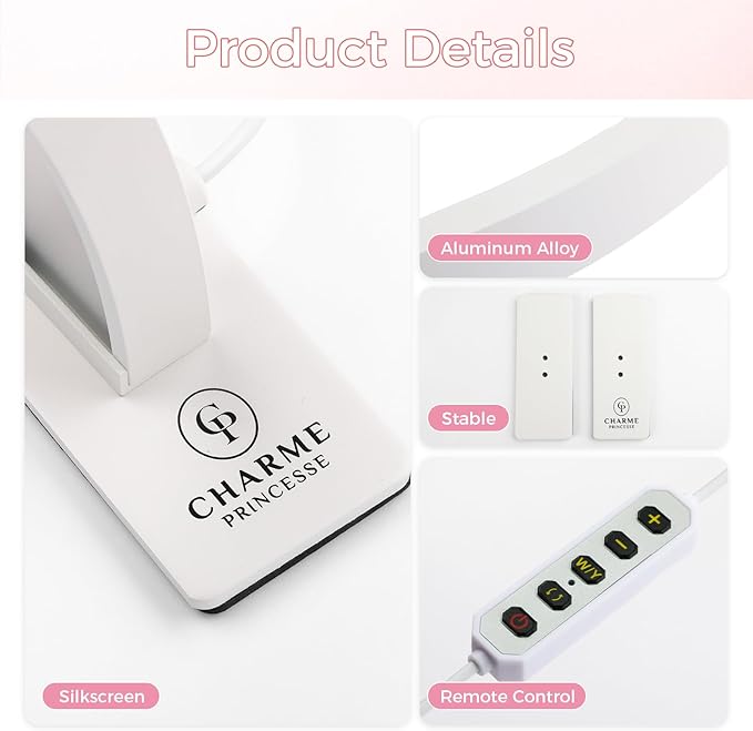 Charme Princesse 30in Half Moon Lamp 48W Half Moon Nail Desk Lamp 1600 Lumen LED Lash Light 3 Color Temperature Lash Lamp for Lashes Eyelash Extensions Tattoo Skin Care (White) M18S-12-US