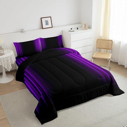 Geometric Abstract Ombre Comforter Set Kids Teens Purple and Black Striped Bedding Bed Set Decor Modern Fashion Comforter Inner Fill Bedroom Collection 2Pcs Twin Size