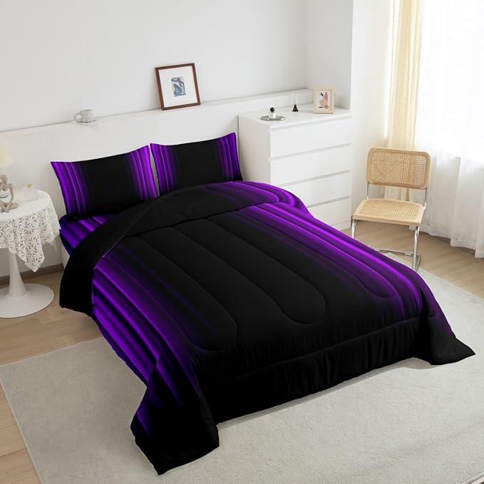 Geometric Abstract Ombre Comforter Set Kids Teens Purple and Black Striped Bedding Bed Set Decor Modern Fashion Comforter Inner Fill Bedroom Collection 3Pcs Queen Size