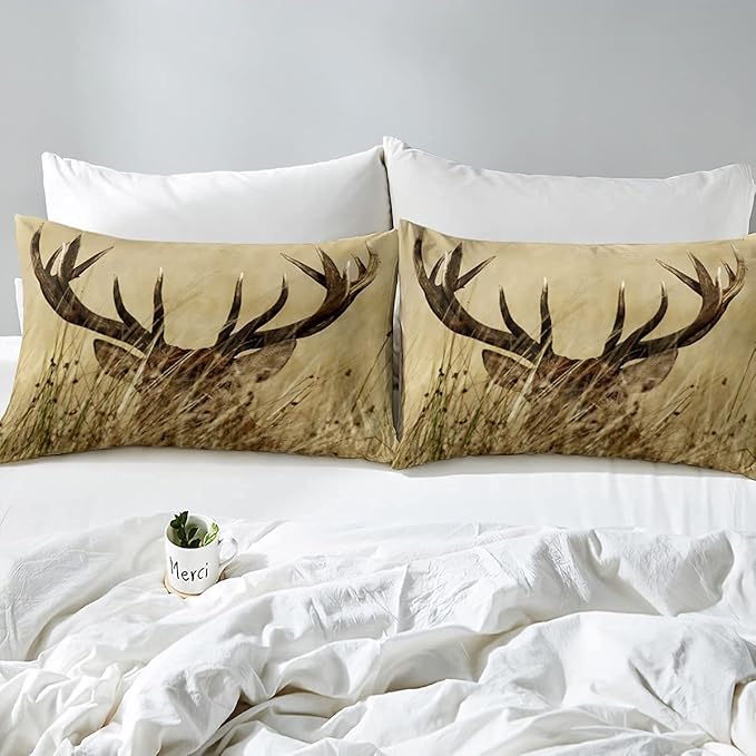 Christmas Antler Comforter Set Full, Whitetail Deer Down Comforter, Stag Quilted Duvet, Countryside Rural Hunting Theme Comforter Set for Living Room Bedroom Decor All Season, Ultra Lightweight