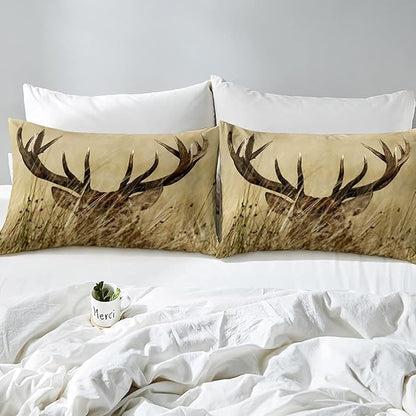 Christmas Antler Comforter Set Queen, Whitetail Deer Down Comforter, Stag Quilted Duvet, Countryside Rural Hunting Theme Comforter Set for Living Room Bedroom Decor All Season, Ultra Lightweight