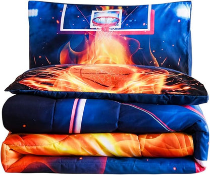 Btargot Basketball Fire Court Comforter Sets Twin for Boys Teens,3D Sports Bedding,Soft Microfiber Reversible Quilt with 2 Matching Pillow Shams