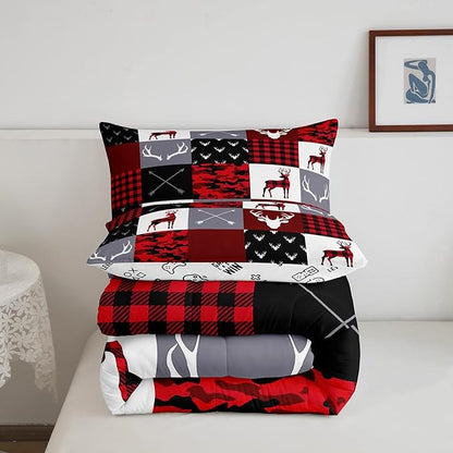 Deer Silhouette Comforter Set Queen Size,Antler Arrow Grid Stripe Design Bedding Duvet 3pcs for Kids Teens Adult Boys Girls Home Room Decoration, Camouflage Christmas Style Red Quilt Set