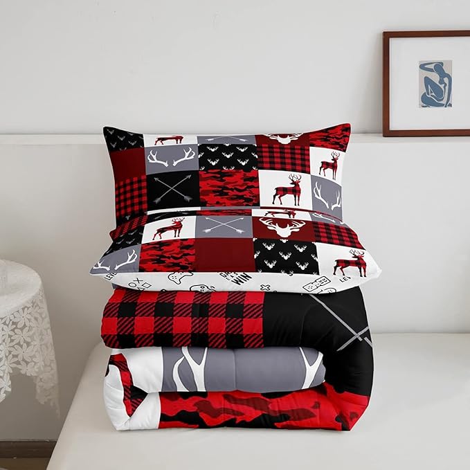 Deer Silhouette Comforter Set Twin Size,Antler Arrow Grid Stripe Design Bedding Duvet 2pcs for Kids Teens Adult Boys Girls Home Room Decoration, Camouflage Christmas Style Red Quilt Set