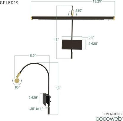 Cocoweb 19" Dimmable Adjustable Energy-efficient LED Grand Piano Clip-on Lamp with Rotational Light Shade - Mahogany Bronze with Brass Accents - GPLED19MBD
