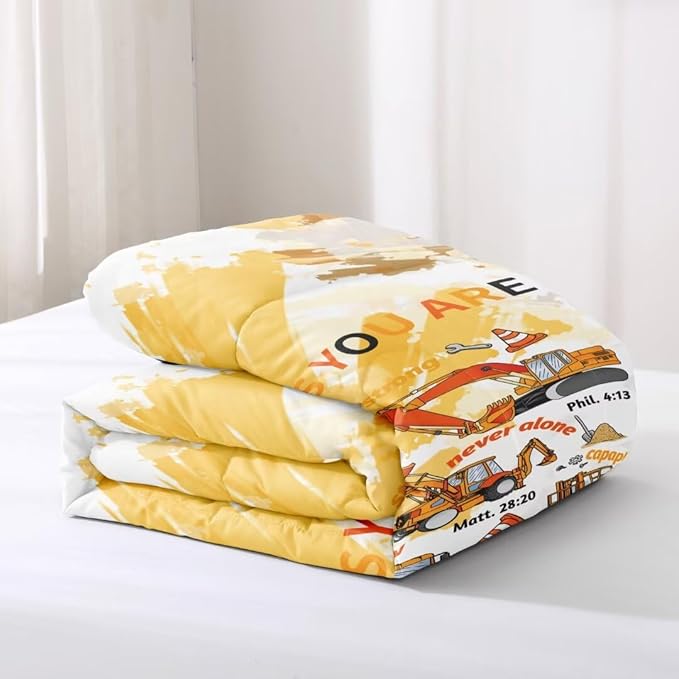 Kids Construction Vehicles Truck Comforter for Boys Twin,Cartoon Car Excavator Tractor Bedding Set,Construction Christian Spirational Quotes Comforter with 2 Pillowcases Yellow