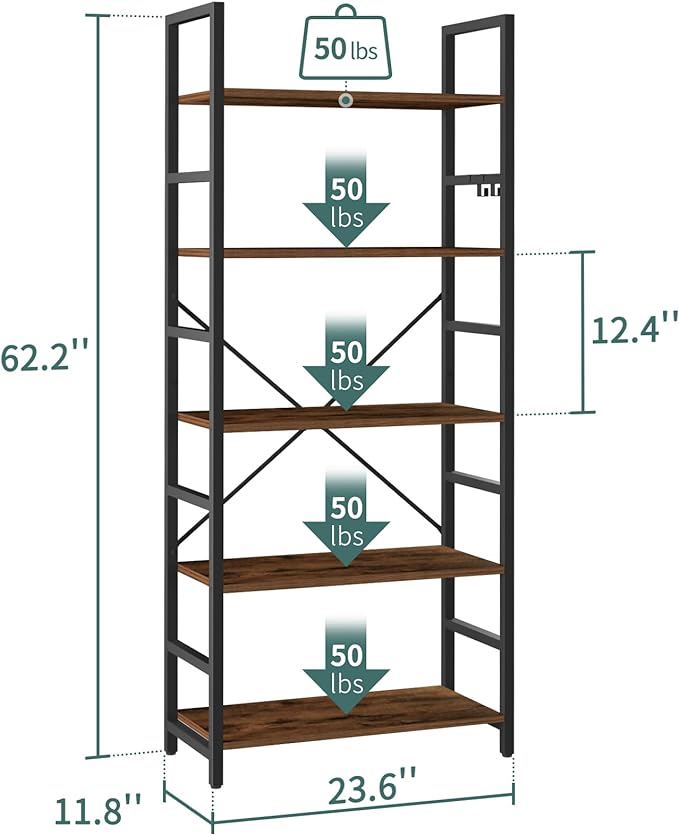 Yoobure 5 Tier Bookshelf - Tall Book Shelf Modern Bookcase for CDs/Movies/Books, Rustic Book Case Industrial Bookshelves Book Storage Organizer for Bedroom Home Office Living Room Rustic Brown
