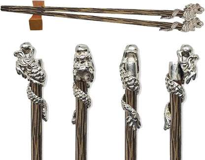 Wooden Chopsticks 9⅞" Long Coconut Palm Wood Chopstick With Metal Dragon Top Eating Utensils Oriental Cutlery Asian Tableware Decorative Dinnerware Serve Chinese Japanese Korean Food
