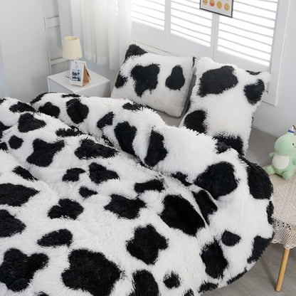 Faux Fur Kids Girls Cow Print Comforter Sets King - 3PC Bed Set Warm Comfortable Soft Plush Flannel Velvet Fluffy Fuzzy Bedding（Comforter x 1 Pillowcases x 2）