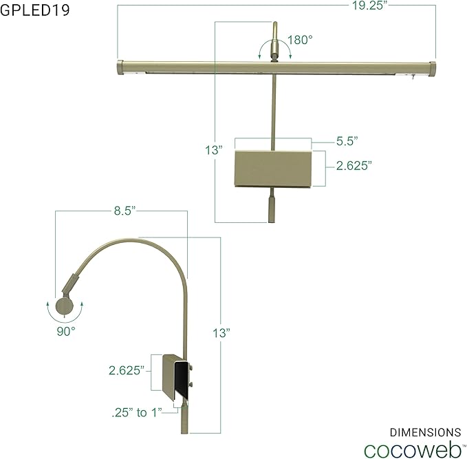 Cocoweb 19" Grand Piano Lamp - Adjustable, Antique Brass Finish, LED Clip-on with Dimmer - GPLED19ABD