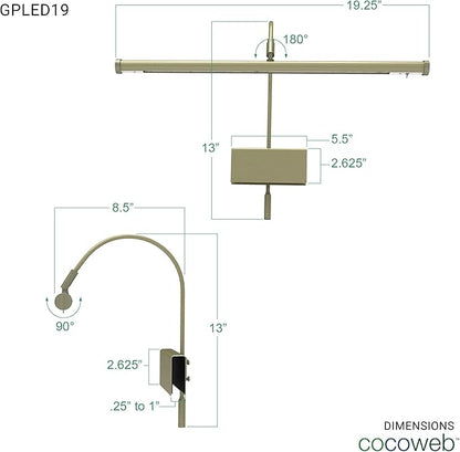 Cocoweb 19" Grand Piano Lamp - Adjustable, Antique Brass Finish, LED Clip-on with Dimmer - GPLED19ABD