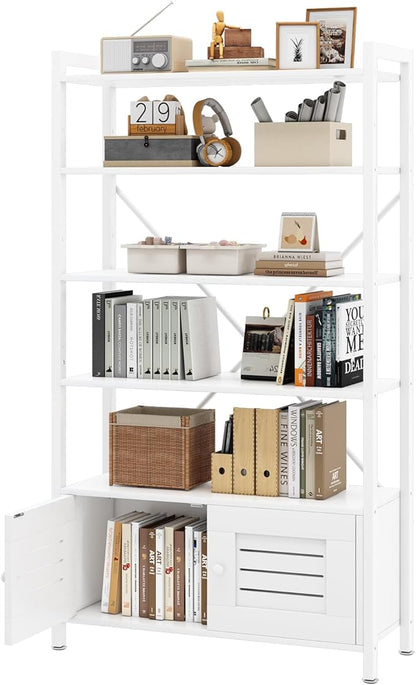 Storage Cabinet with 4 Open Shelves,1 Cupboard,White Bathroom Display Standing Shelf, White Wooden and Metal Frame Shelf for Living Room, Bathroom Bedroom, Home Office Organizer