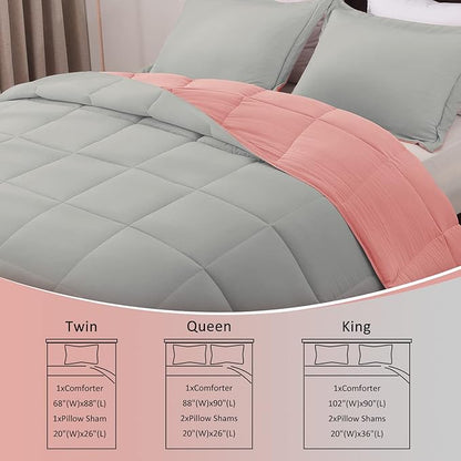 Basic Beyond Twin Comforter Set for Girls and Boys - Fluffy Twin Bed Comforter Set for All Seasons - Reversible Pink and Grey Twin Comforter Set - 2 Pieces (1 Comforter + 1 Pillow Sham)