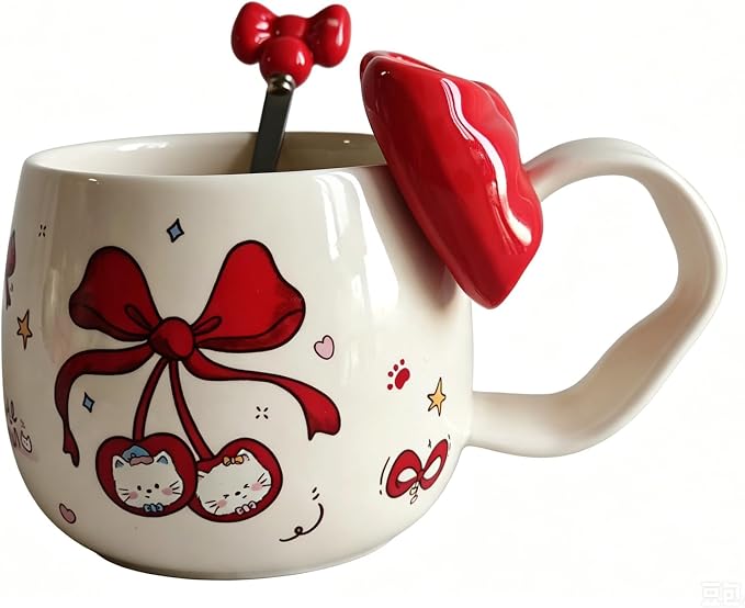 DTIUYIOP-Kawaii Red Bow Cherry Cat Ceramic Coffee Mug with 3D Red Bow and Bow Spoon, Large Curved Handle Cute Kitty Tea Cup, Coquette Aesthetic Gift for Women Girls Birthday Valentine’s Day Christmas
