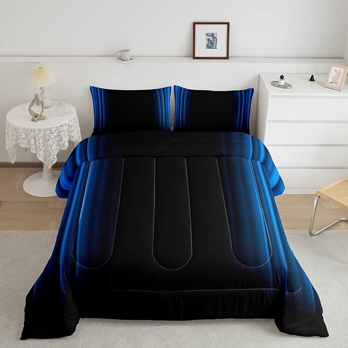Geometric Abstract Ombre Comforter Set Kids Teens Blue and Black Striped Bedding Bed Set Decor Modern Fashion Comforter Inner Fill Bedroom Collection 3Pcs Queen Size