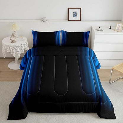 Geometric Abstract Ombre Comforter Set Kids Teens Blue and Black Striped Bedding Bed Set Decor Modern Fashion Comforter Inner Fill Bedroom Collection 3Pcs Queen Size