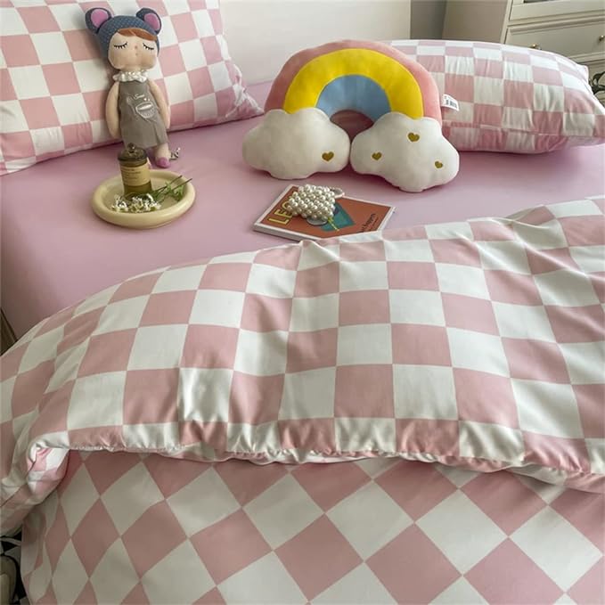 Wellboo Pink White Plaid Comforter Sets Twin Women Men Bean Pink and White Checkerboard Grid Bedding Comforters Cotton Boys Girls Modern Dusty Pink Checkered Geometric Quilts Luxury Abstract Bed