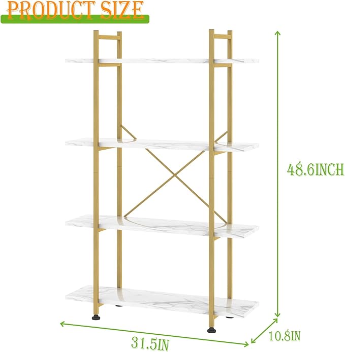 Bookshelf 4 Tiers White and Gold Wooden Storage Shelf,Modern Open Display Storage Bookcase Book Organizer,Metal Bookshelf Standing Storage Shelf Tall Shelving Units for Home Office Study