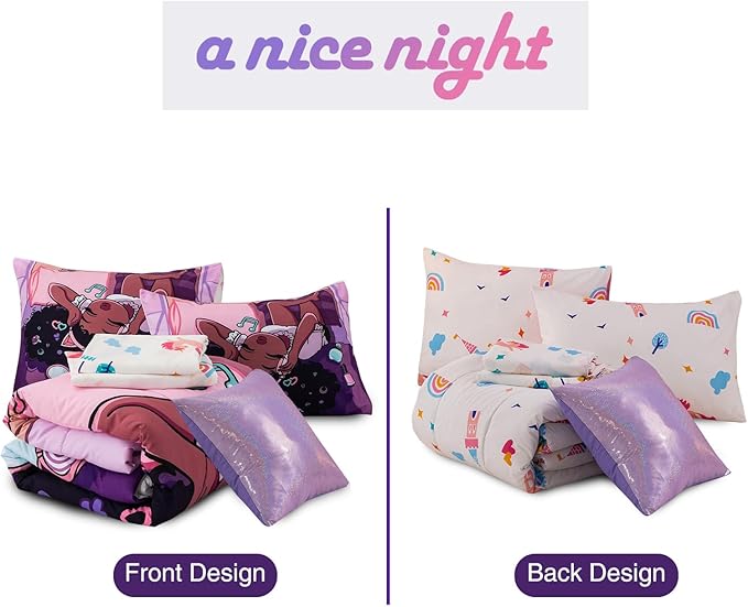 A Nice Night Purple Comforter Sets,Black Girl Listening Music Printed, 6Pcs Bed in A Bag Full Size All Seasons Bedding Set,for Kids, Girls