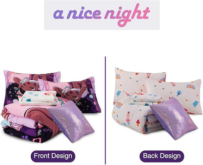 A Nice Night Purple Comforter Sets,Black Girl Listening Music Printed, 6Pcs Bed in A Bag Full Size All Seasons Bedding Set,for Kids, Girls