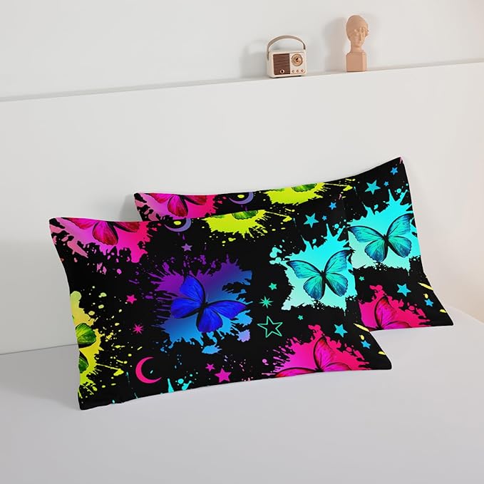 HOSIMA Colorful Butterfly Comforter Set for College Girls and Boys Full Size Bed in a Bag Set,3Pcs Bedding Set Colorful Ink Print Comforter with 2 Pillowcases,Star Moon Black Comforter.