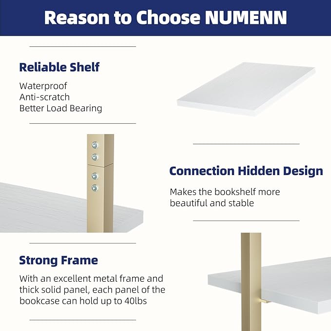 NUMENN Industrial Ladder Shelf, 5 Tier Book Shelf, Open Space Wall Mount Bookshelf with Metal Frame, Sturdy Book Shelves, Bookcase for Living Room, White and Gold