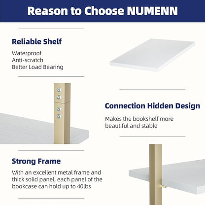 NUMENN Industrial Ladder Shelf, 5 Tier Book Shelf, Open Space Wall Mount Bookshelf with Metal Frame, Sturdy Book Shelves, Bookcase for Living Room, White and Gold