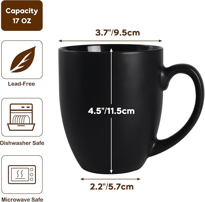 16 OZ Black Stoneware Coffee Mugs Set of 6 | Large Ceramic Coffee Cups with Handle, Porcelain Coffee Mugs Sets for Latte, Milk, Tea and Juice