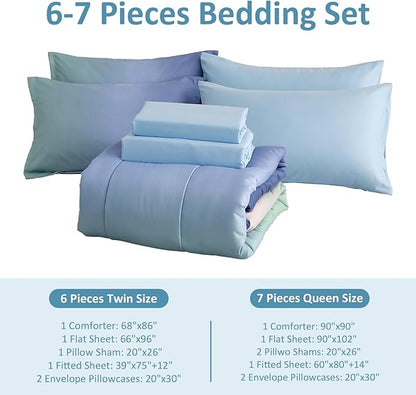 Dinjoy Girls Comforter Set Full Size Colorful Rainbow Ombre Blue Green Pink Bedding Set Gradient 7 Pieces Bed in A Bag for Kids Teen Girl Women(1 Comforter, 1 Flat Sheet, 1 Fitted Sheet)