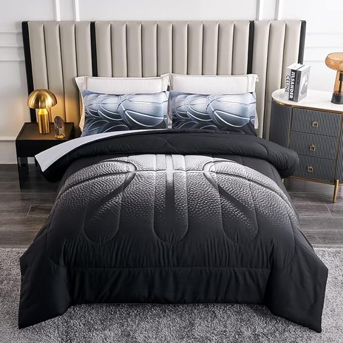 Teen Boy Comforter Set Full,Basketball Bedding Set for Kids Boys Teens,Black and Grey Sports Comforter Full with 2 Pillowcases,Basketball Comforter Full Size for Boys,All Season Use