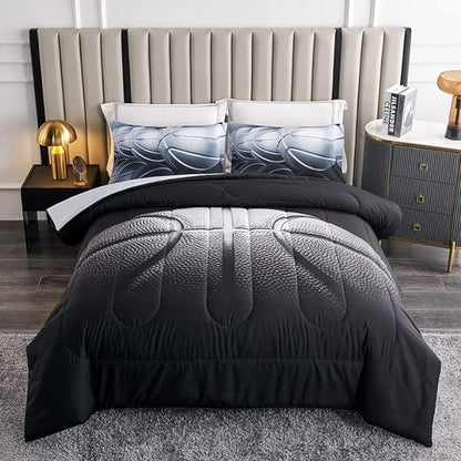Teen Boy Comforter Set Full,Basketball Bedding Set for Kids Boys Teens,Black and Grey Sports Comforter Full with 2 Pillowcases,Basketball Comforter Full Size for Boys,All Season Use