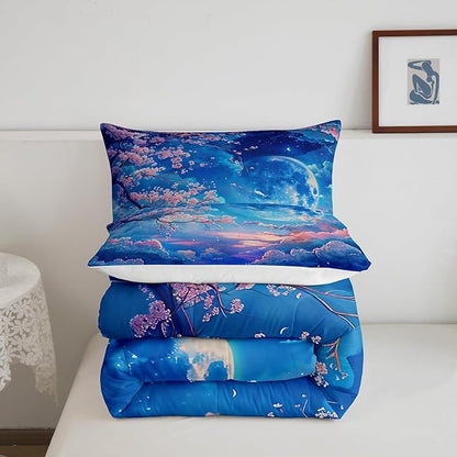Manfei Cherry Blossoms Comforter Set Twin Size,Moonnight Cloud Starry Sky Bedding Set,Girls Women Room Decor,Sakura Flowers Chinese Style Down Comforter,Pink Blue Romantic Duvet Insert,1 Pillowcase
