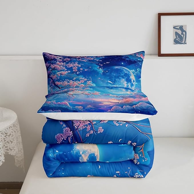 Manfei Cherry Blossoms Comforter Set King Size,Moonnight Cloud Starry Sky Bedding Set,Girls Women Room Decor,Sakura Flowers Chinese Style Down Comforter,Pink Blue Romantic Duvet Insert,2 Pillowcases