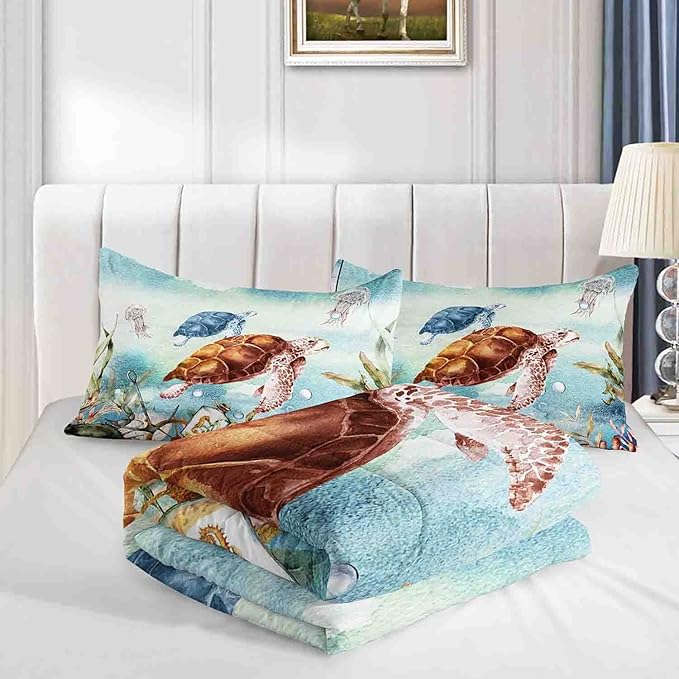 Datura home Sea Turtle Bedding Comforter Set for Boys Girls Teens Children Adults,Watercolor Sea Creatures Blue Ocean Theme Bedding Set with 1 Comforter and 2 Pillowcases(Turtle Queen) Blue Turtle