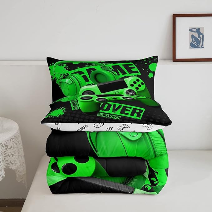 Feelyou Gamer Comforter Sets for Boys Teens Gaming Comforter King Size Kids Video Game Comforter Set Green Black Room Decor Headphone Gamepad Bedding Set Reversible Quilt for All Season 3Pcs Boys