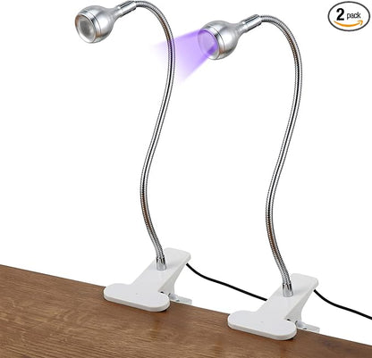Big Chip 395nm UV LED Light Fixtures with Gooseneck and Clamp Mini Desk Light Clamp Portable Gooseneck for Outdoor Stall Gel Nail Curing, 5V USB Input(Silver,2 Pieces)