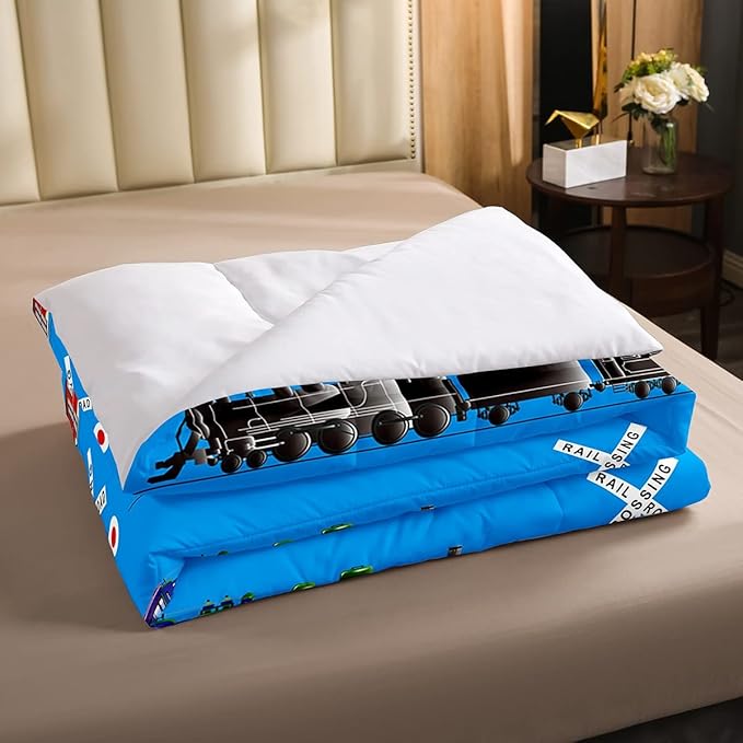 Feelyou Train Kids Boys Comforter Set Retro Steam Engine Toddler Bedding Set for Teens Railway Track Transport Comforter Red Blue Black Decor Quilt Set Room 3Pcs Queen Size