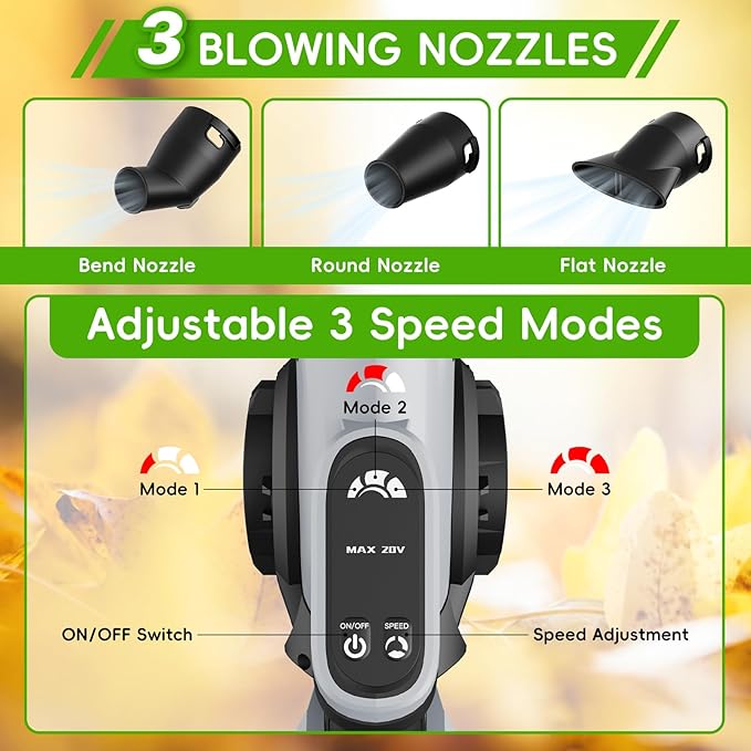 Leaf Blower Cordless - Electric Cordless Leaf Blower with 2 Batteries and Charger, 3 Speed Modes & 3 Blowing Nozzles, 20V Battery Powered Mini Leaf Blowers for Lawn Care, Patio, Indoor