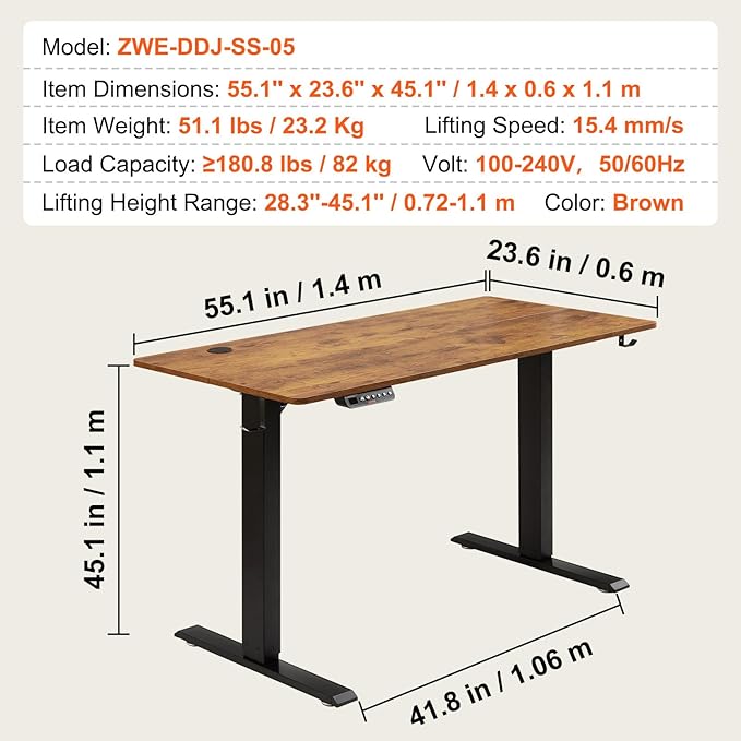 VEVOR Height Adjustable Desk, 55.1 x 23.6 in, 3-Key Modes Electric Standing Desk,Whole Piece Desk Board, Sturdy Dual Metal Frame, Max. Bearing 180 LBS Computer Sit Stand up Desk, for Home and Office
