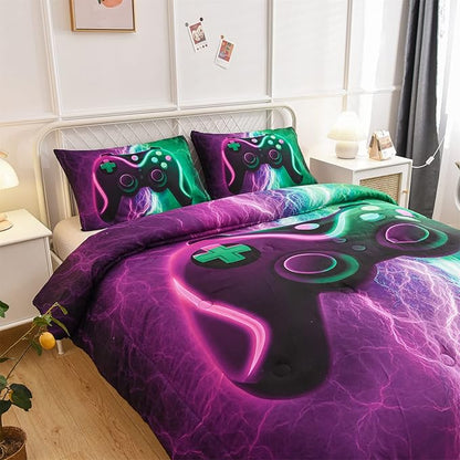 Meeting Story Gamer Comforter Sets for Boys Queen Size Tie Dye Lightnings Gamepad Bedding Set Games Console Action Buttons Novelty Colorful Modern Room Decor Home Quilt Set (Queen, Green-Purple)